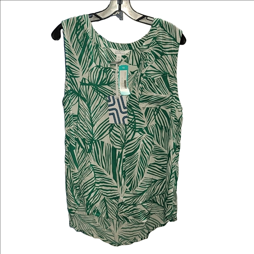 Market & Spruce Prat Teal Green Leaf Print Sleeveless Henley Top - Picture 2 of 8